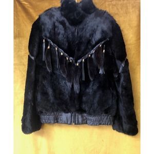 Vintage Black Rabbit Fur Jacket Tassels & Leather Detail